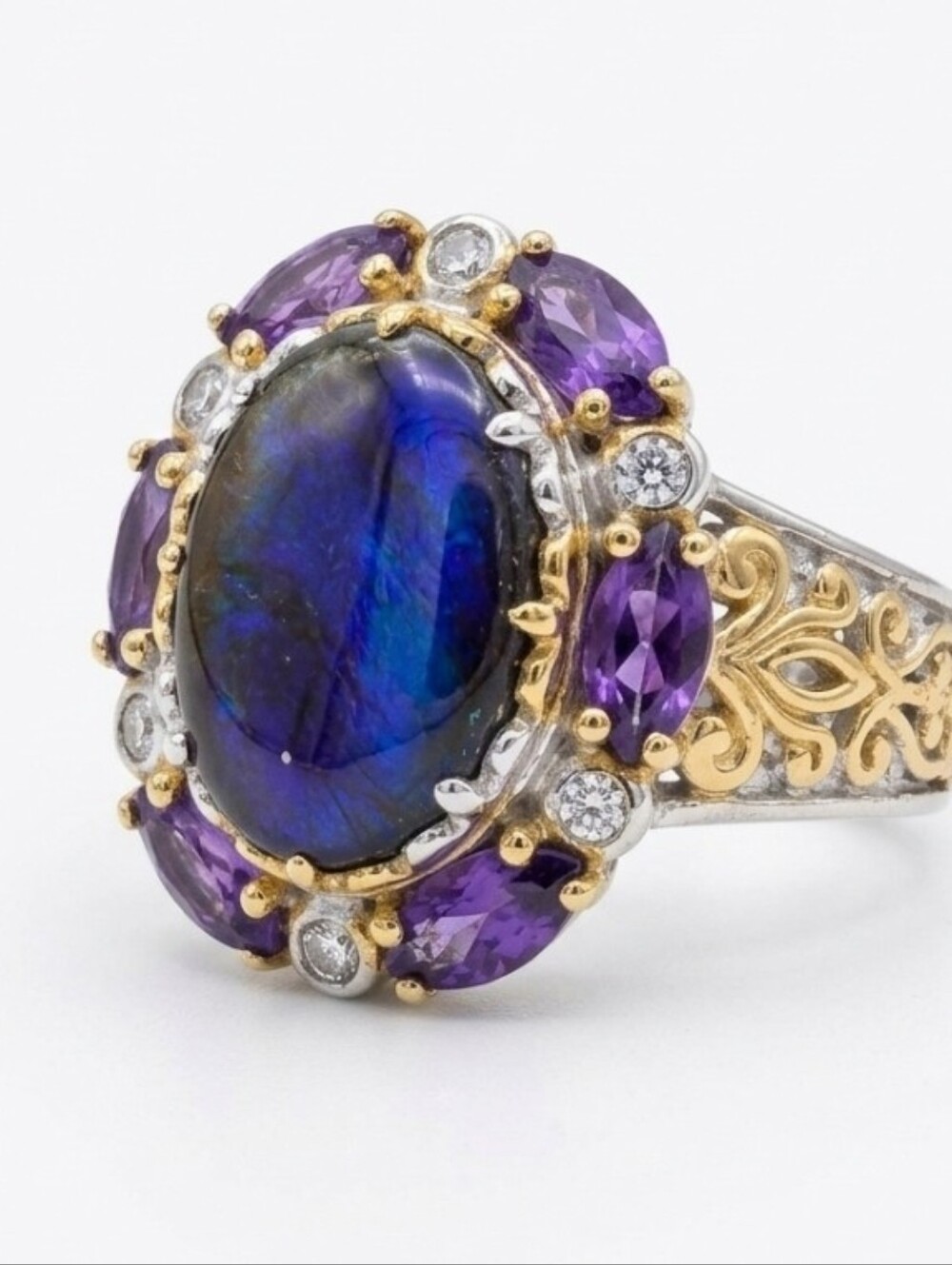 Genuine Ammolite Amethyst White Sapphire Sterling Silver 18K Ring Sz 8!
